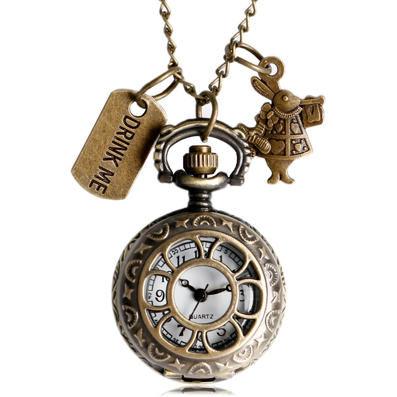 Onwon Vintage Drink Me Pocket Watch Necklace Quartz Watch Alice in Wonderland Rabbit