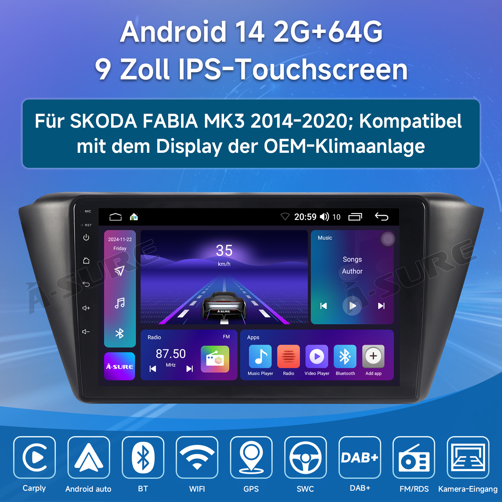 Android 14 Autoradio Für Skoda Fabia 3 (2015-2019) - 9 Zoll Touchscreen