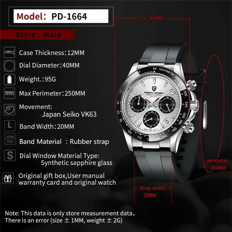Pagani Design 1644 Orologio Cronografo Uomo: VK63 Giapponese, Quadrante Panda, Lunetta Ceramica, 40mm