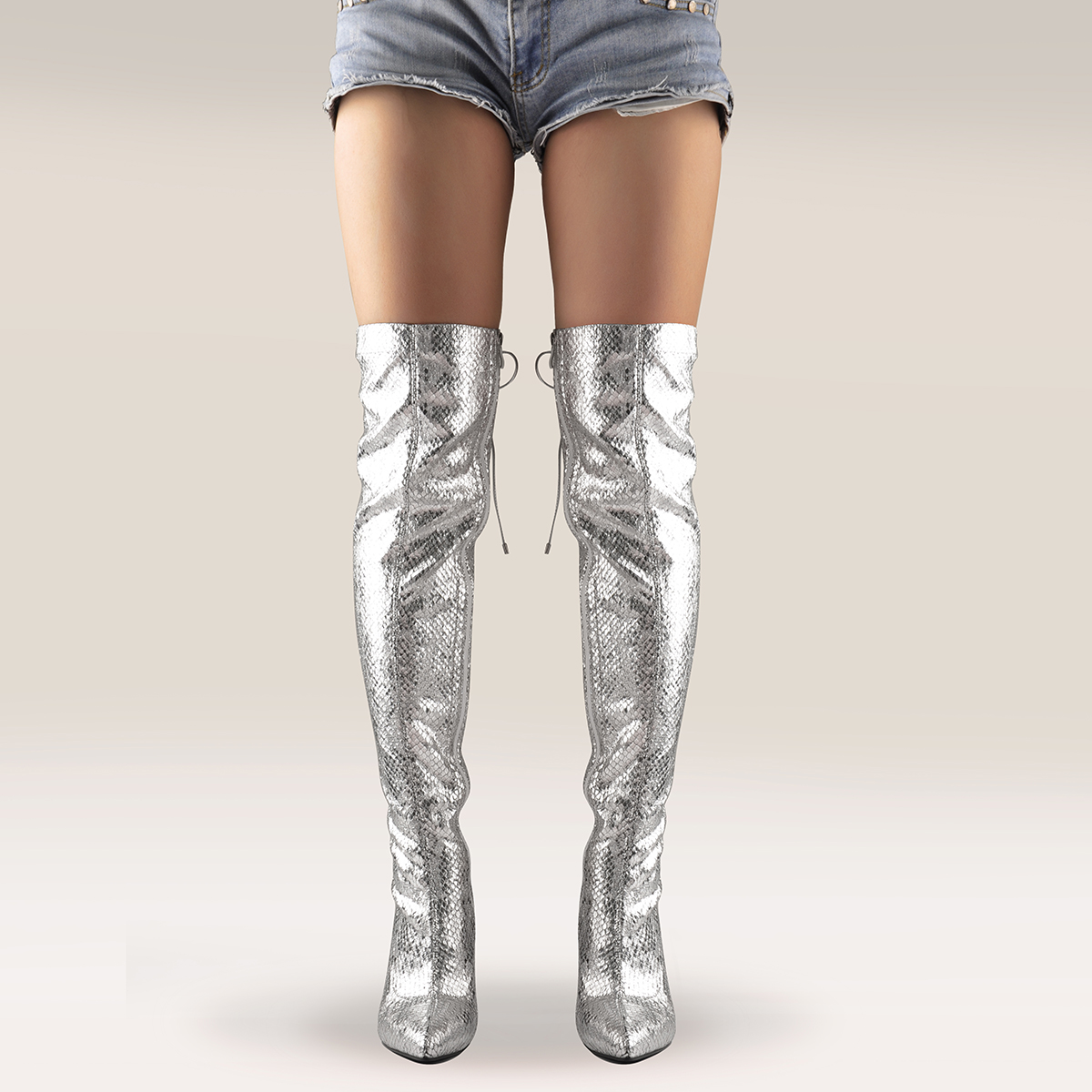 silver shimmer thigh high boots