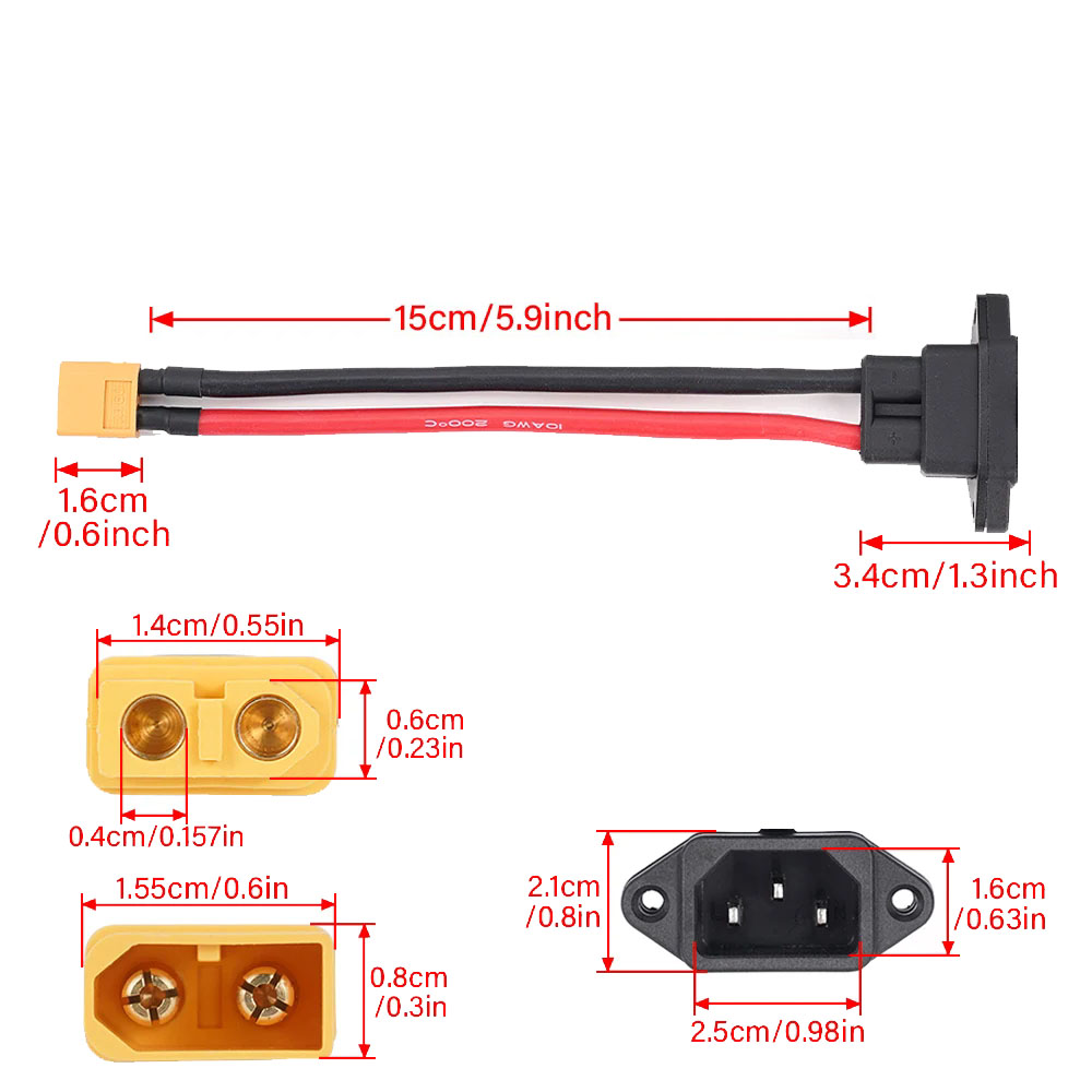 XT60/XT90 to C14 3pin Power Socket Wire 10AWG Male Female E-bike