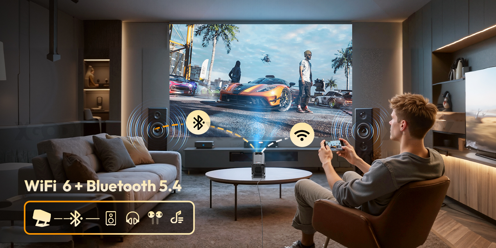 User enjoying gaming with WiFi 6 and Bluetooth 5.4 connectivity, showing external speakers connected.