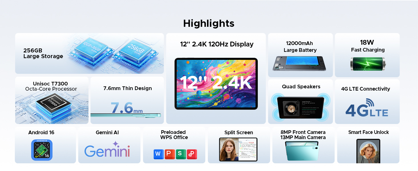 POCKAM P12 Pro Android 16 Tablet 12 inch Tablet 48GB+256GB
