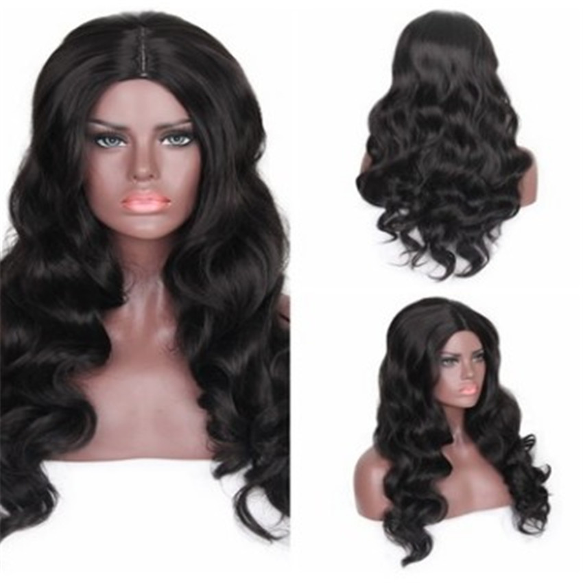 European Women Middle Black Big Wave Long Curly Hair Wig Fiber