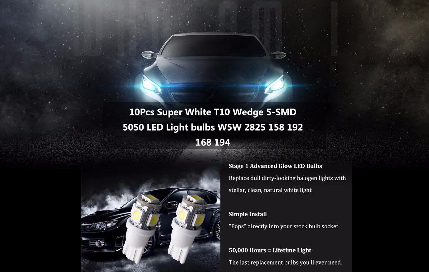 10pcs White T10 5-SMD 5050 LED Wedge Light Lamp Bulbs 2886X PC579 194 2825 HID