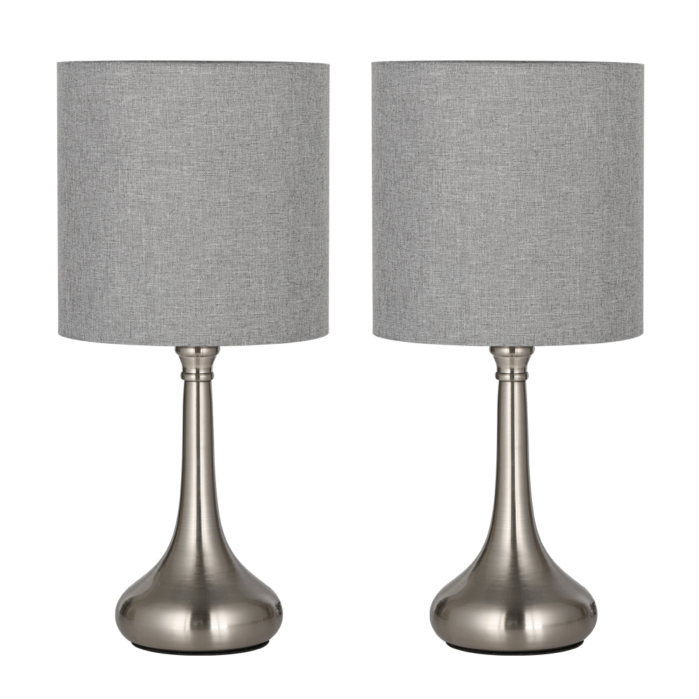 Details About Set Of 2 Bedside Table Lamps Gray Line Fabric Lampshade Silver Metal Lamp Base