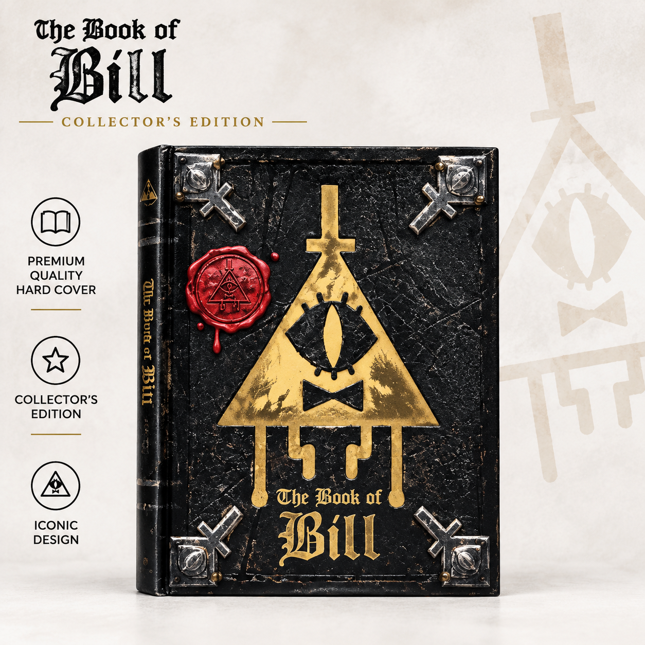 The Book of Bill collectors edition hardcover journal photographed straight on against a pale studio backdrop, with premium quality hard cover, collectors edition and iconic design icons listed on the left