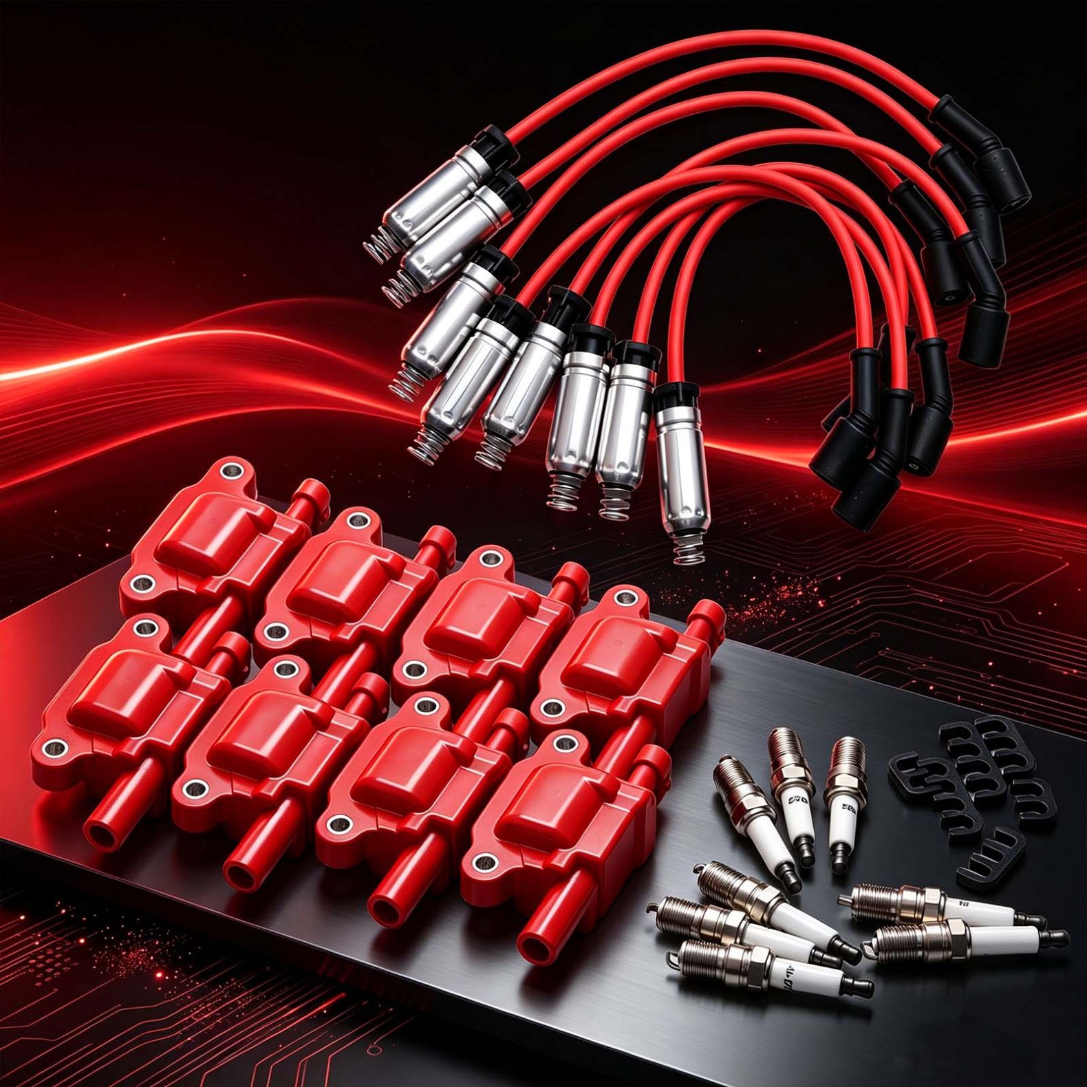 8-PACK IGNITION COIL + SPARK PLUG + WIRE SET - Fits Cadillac, Chevy Silverado, GMC & More - Model UF413 - Lifetime Warranty