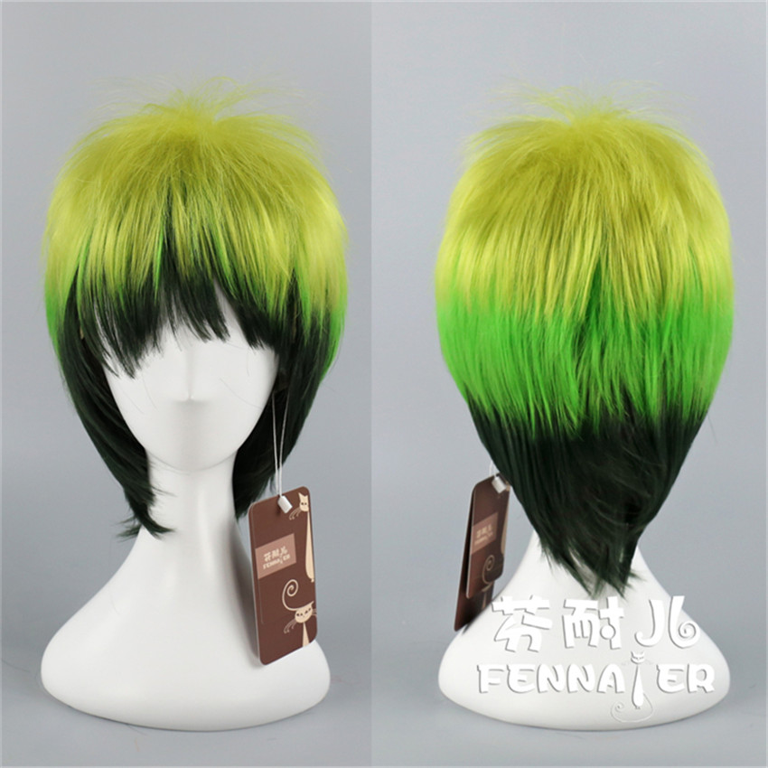 Light Yellow Gradient Green Short Straight Hair Man Cosplay Wigs