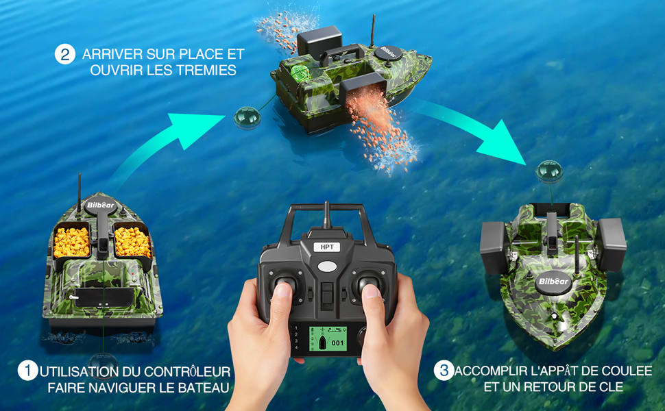 Bateau D'appât GPS 500 M Avec 3 Trémies - Bateau De Pêche à La Carpe, Sonar Détecteur De Poissons, Moteur Double, Sac De Transport Inclus