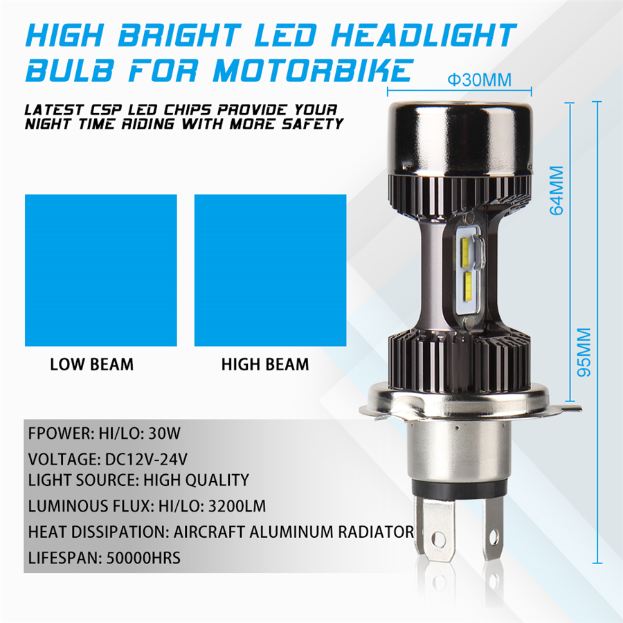 12V/24V Motorcycle H4 LED Headlight Bulb 30W 3200LM 6000K EMC LED CHIP  Universal