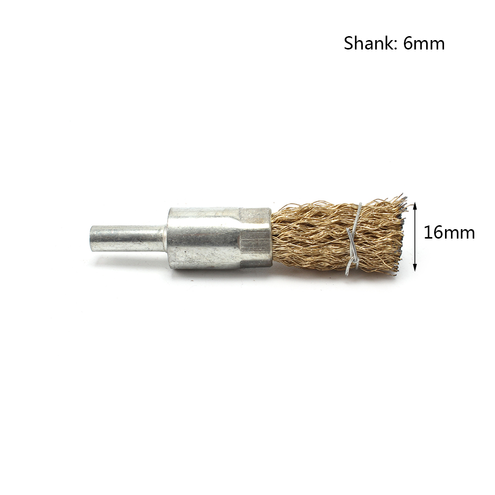 10Pcs 6mm Shank 16mm Brass Coated Steel Pen Wire Pointed Brush Metal Cleaning