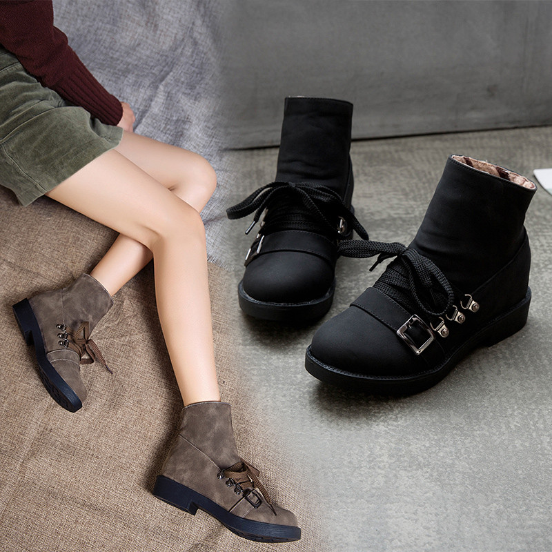Women Belt Buckle Zipper Lace Up Fashion Martin Short Shoes Winter Female Plush Boot Lady Ankle Boots