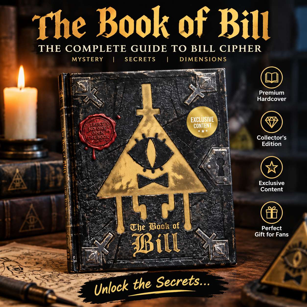 The Book of Bill collector's edition hardcover journal standing on a dark wooden desk beside a lit candle, with embossed gold foil cover art and a deep red wax seal