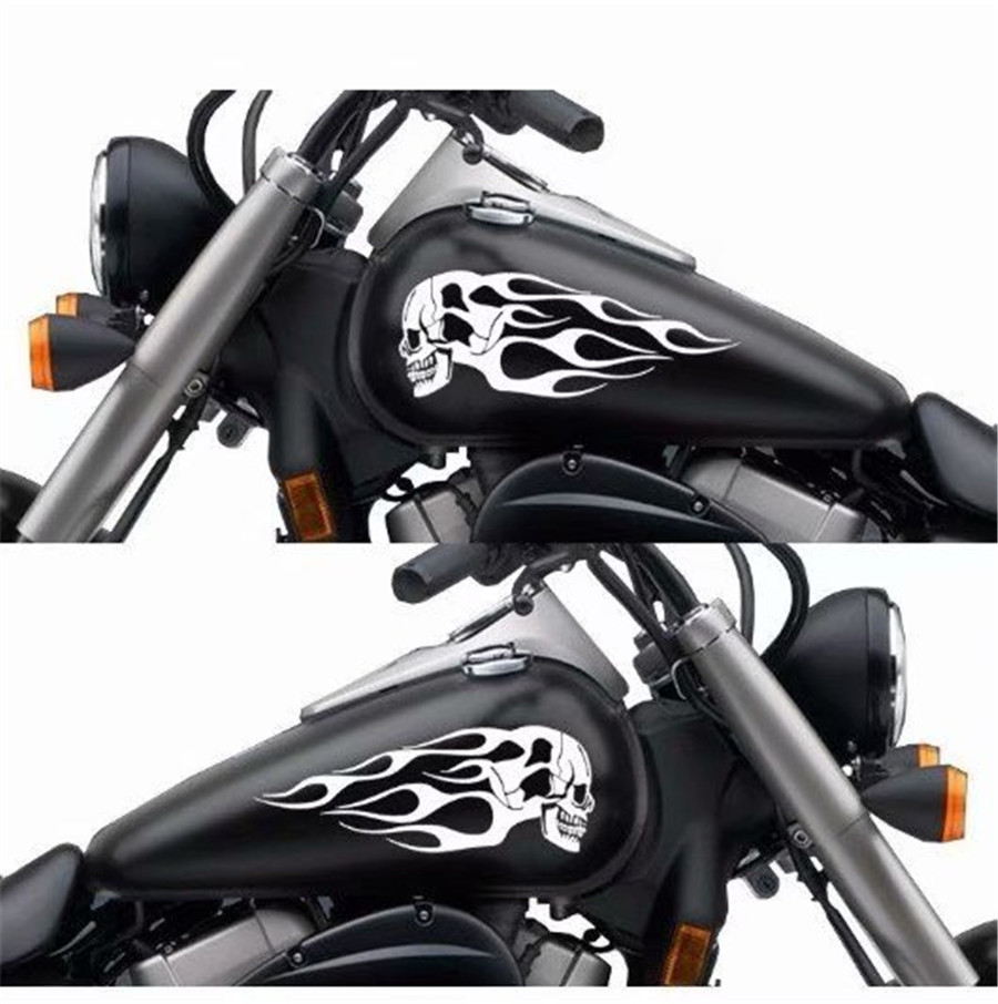 2X White Cool Motorcycle Skull Flame Stripes Gas Tank Vinyl Sticker