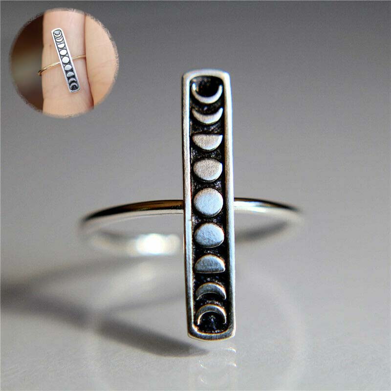 Retro Vintage Stainless Steel Moon Phase Shape Crescent Stacking Wedding Band Promise Ring 