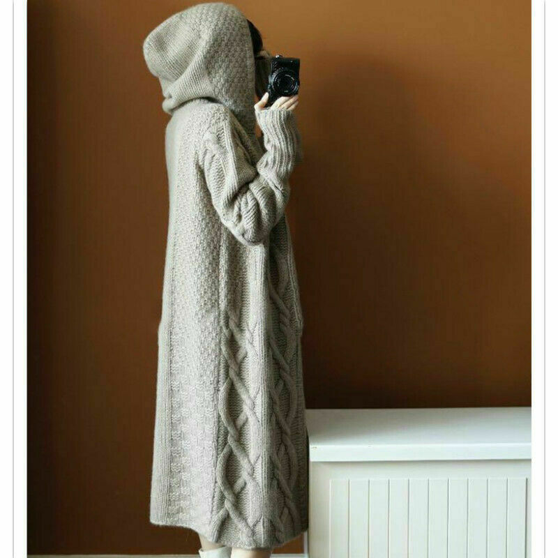 Damen Pullover Kapuze Strickmantel Jacke Strickjacke Outwearlinie Langer Locker