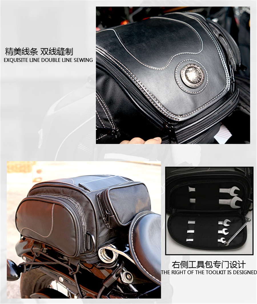 Double Stitched Black PU Leather Telescopic Motorcycle ATV Scooter Rear Back Seat Luggage Travel Tail Bag Box with Waterproof Rain Cover Toolkit Design Internal support Bezel Universal Fine Lines