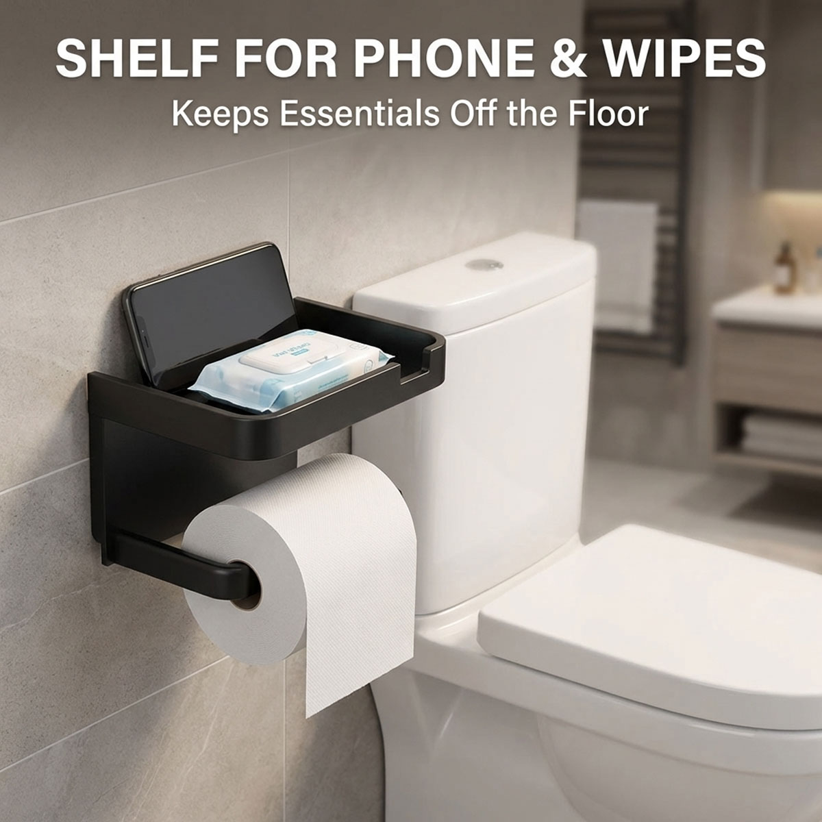 Wall mounted toilet roll holder with phone shelf
