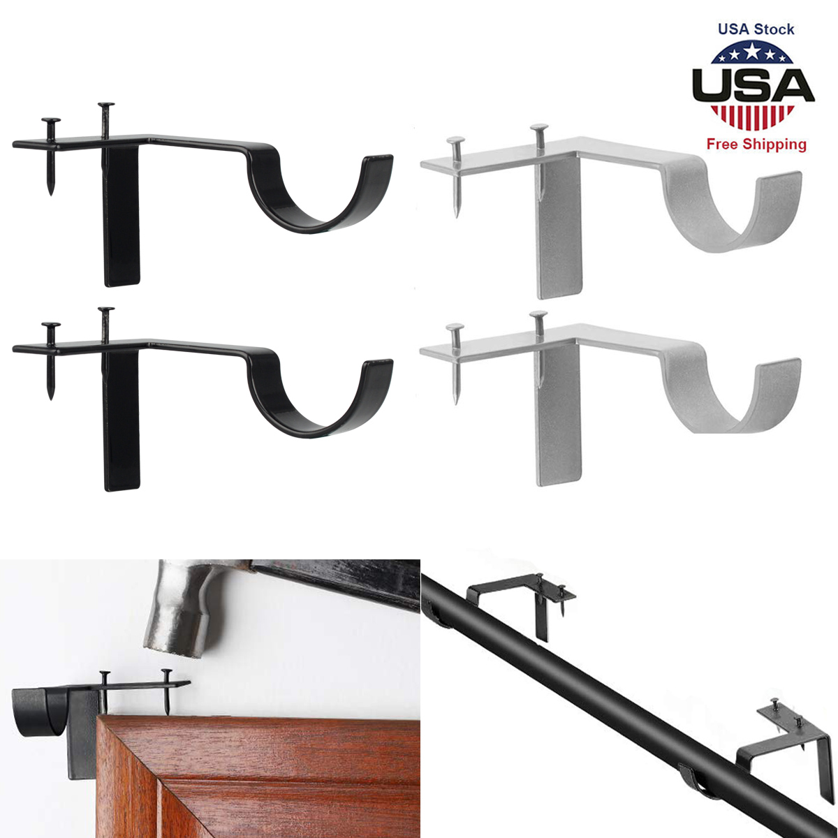 1 Pair Single Hang Curtain Rod Holders Bracket Window Frame