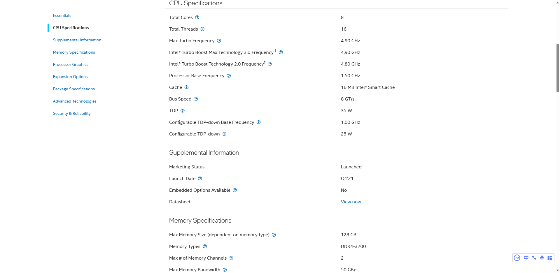 Intel Core i9-11900t ES QV1L 1.1GHz 8Core 16Thread 16M 35W