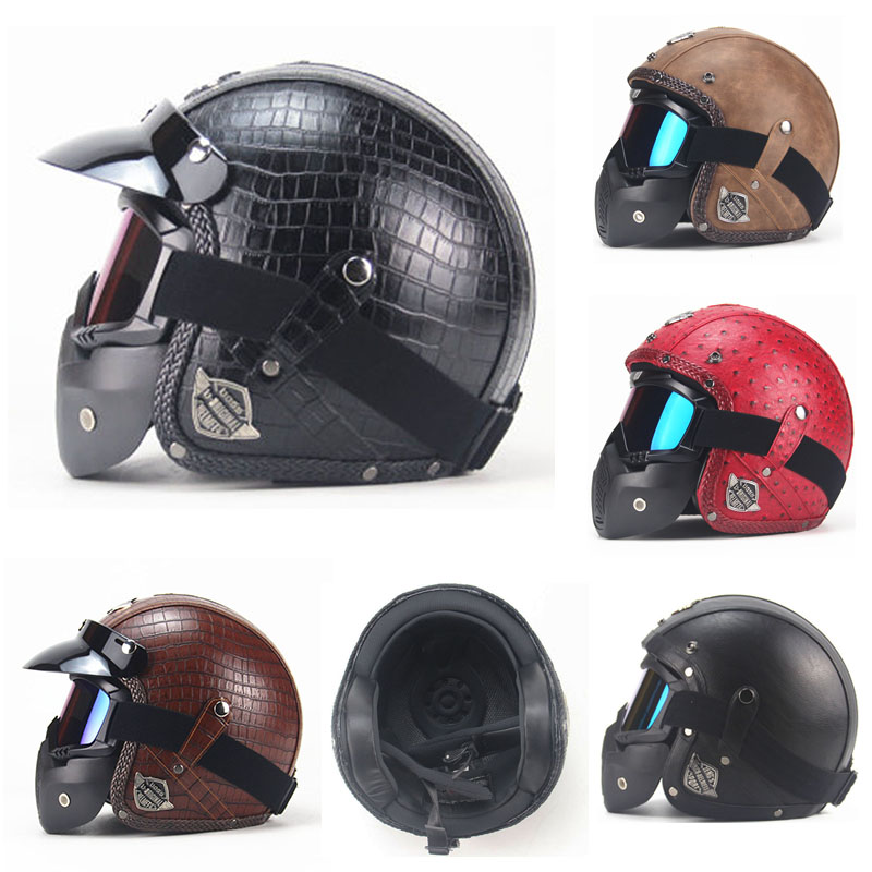 DOT Leather Motocycle Helmet Moto Scooter Helmet 3/4 Face Mask Vintage+Free  mask