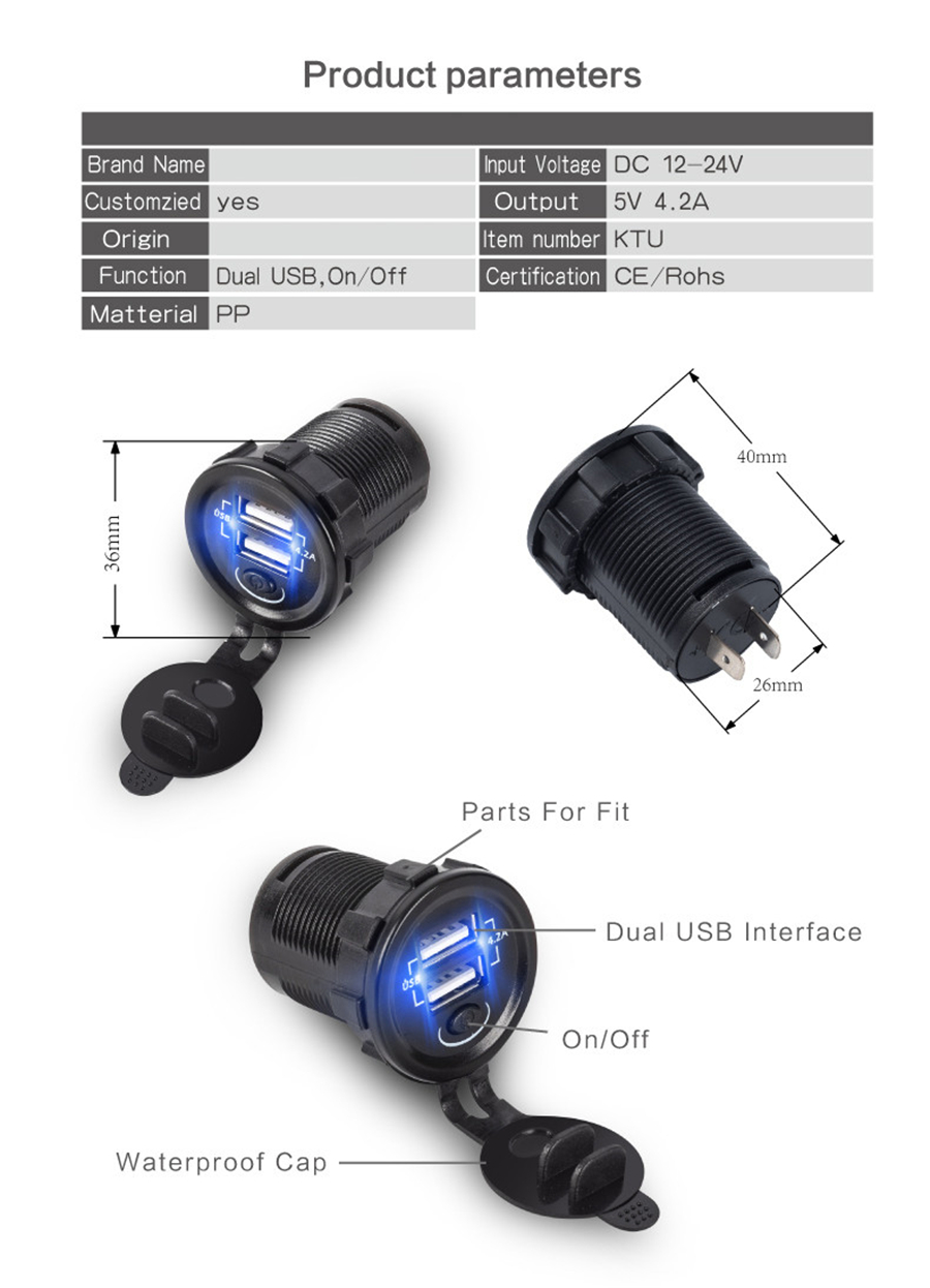 5v 2 1 2 1a Dual Usb Blue Led Car Truck Scooter Charger With