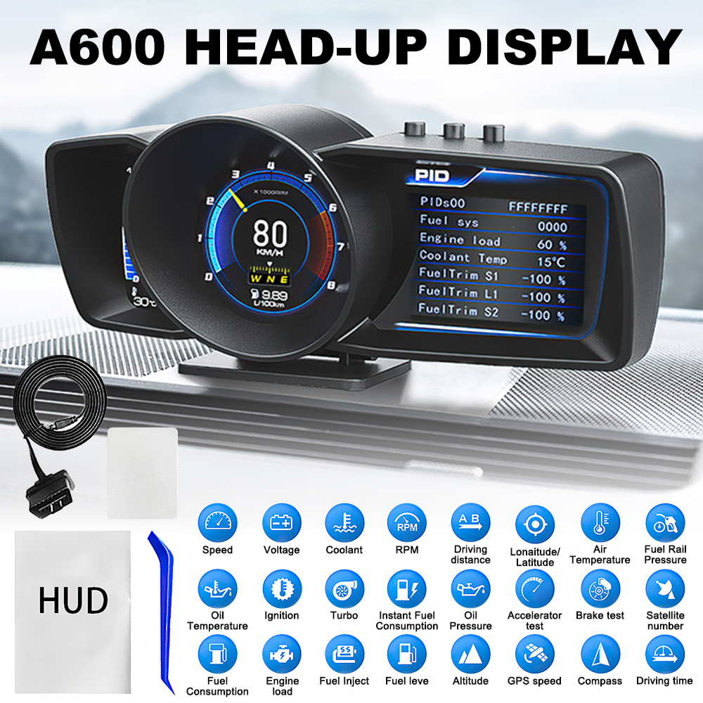  A600 Heads Up Gauge Display, Car Dashboard HUD Display OBD 2 +  GPS Dual Mode Dual System, w/GPS Car Compass, Overspeed Alarm, Speed,  Distance, Time and More : Electronics