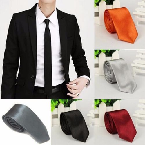 Mens Plain Skinny Tie Silky Satin Slim Thin Neck Ties