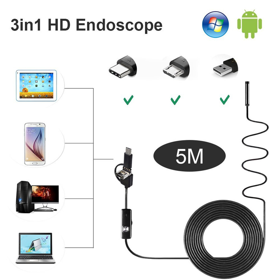 5M 8LED USB Endoscope Inspection Camera Semi-rigid Type 1200P HD Borescope 8mm