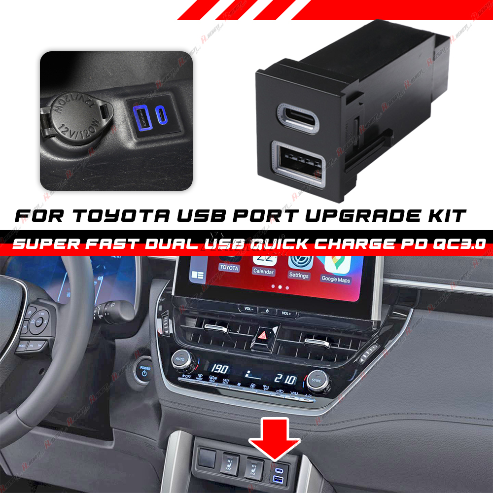 Chargeur Voiture Rétractable Toyota RAV4 (2020-2025) - 2 Ports USB 20W + Câble Type-C - RGB - PD/QC3.0 - 10