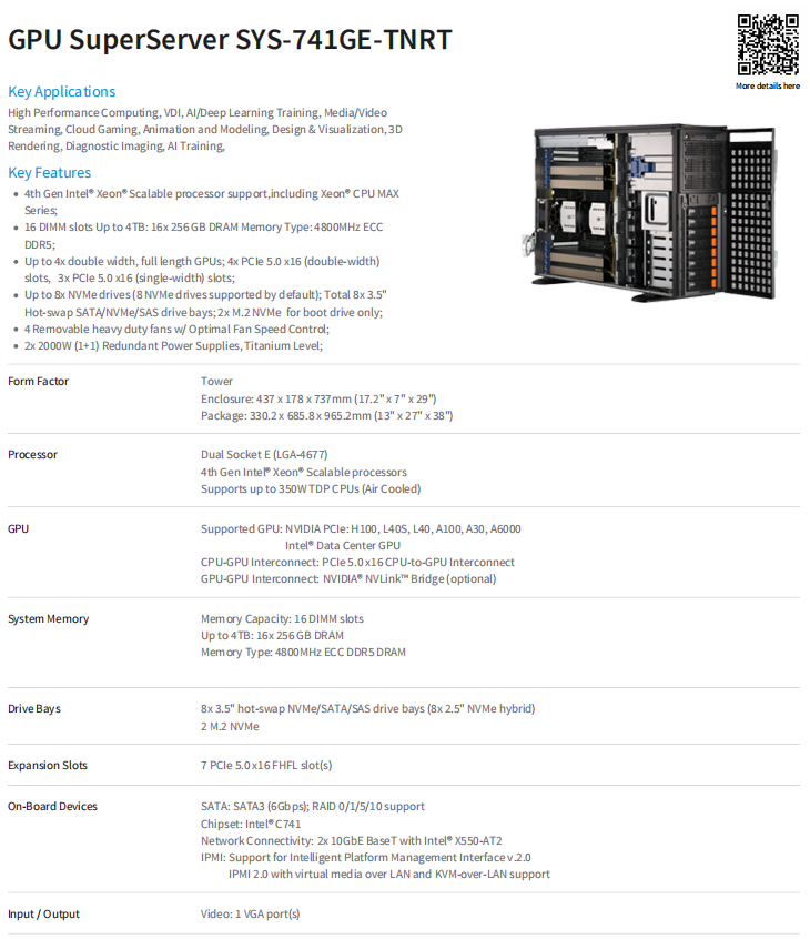 Supermicro SYS-741GE-TNRT Server +4X DDR5 32G/ 3090 GPU /1T M.2/2X