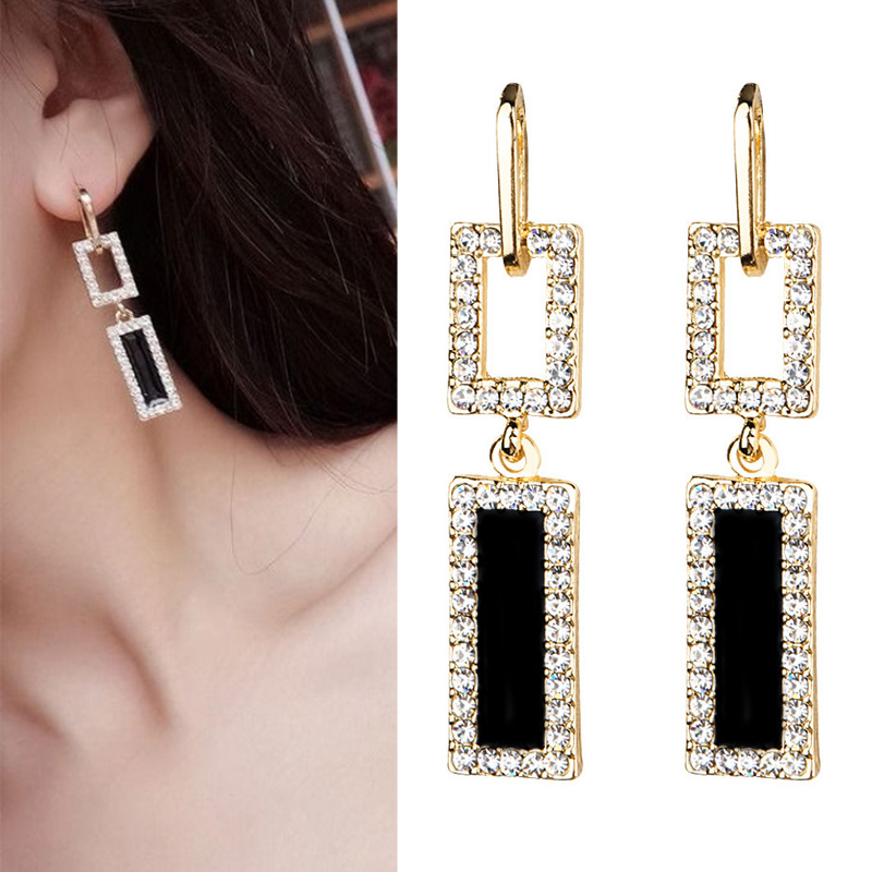 Chic Women Crystal Cube Pendant Earrings Long Tassel Ear Drop Jewelry Ornament