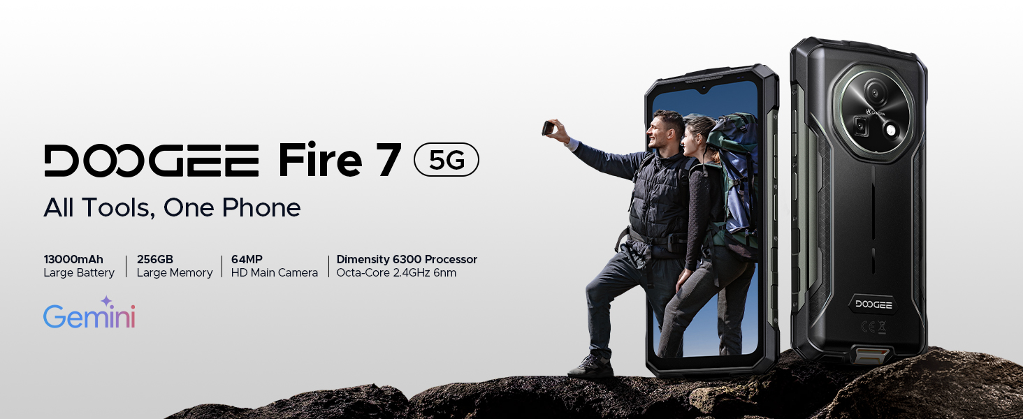 DOOGEE Fire7 Téléphone Incassable 5G - Android 15, 10300mAh, Robuste Militaire IP68, 16+256Go, 6,6"