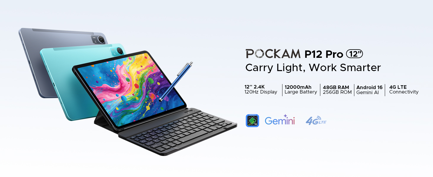 POCKAM P12 Pro Android 16 Tablet 12 inch Tablet 48GB+256GB