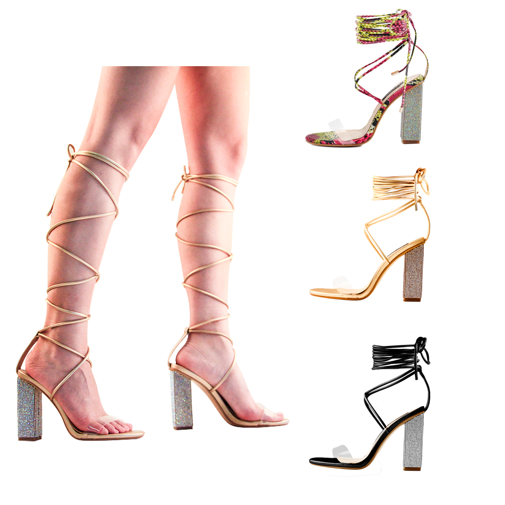 clear strap lace up chunky heels