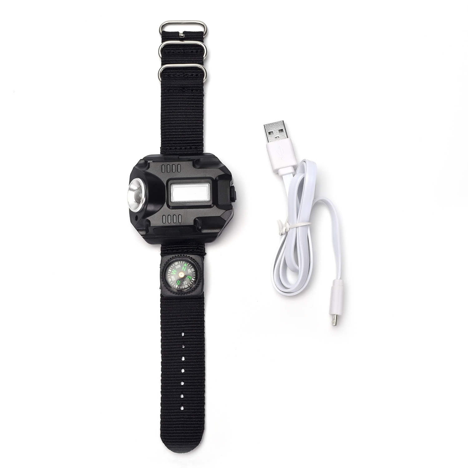 Tactical Bangle Wrist Watch Rechargeable LED Compass Flashlight Hand
