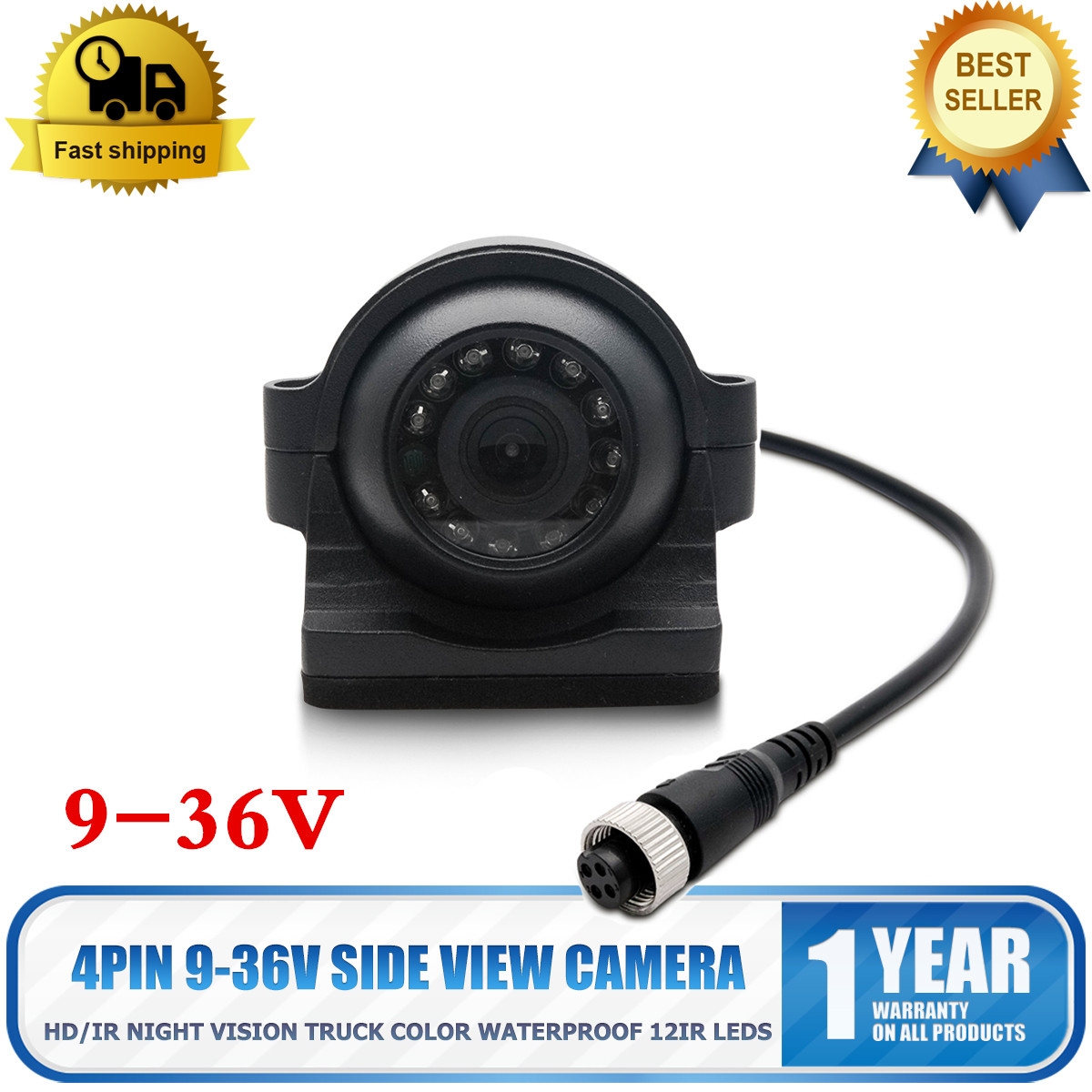 4 PIN 9-36V Side View Camera For Heavy Duty Truck Bus RV 12 IR Led Night Version