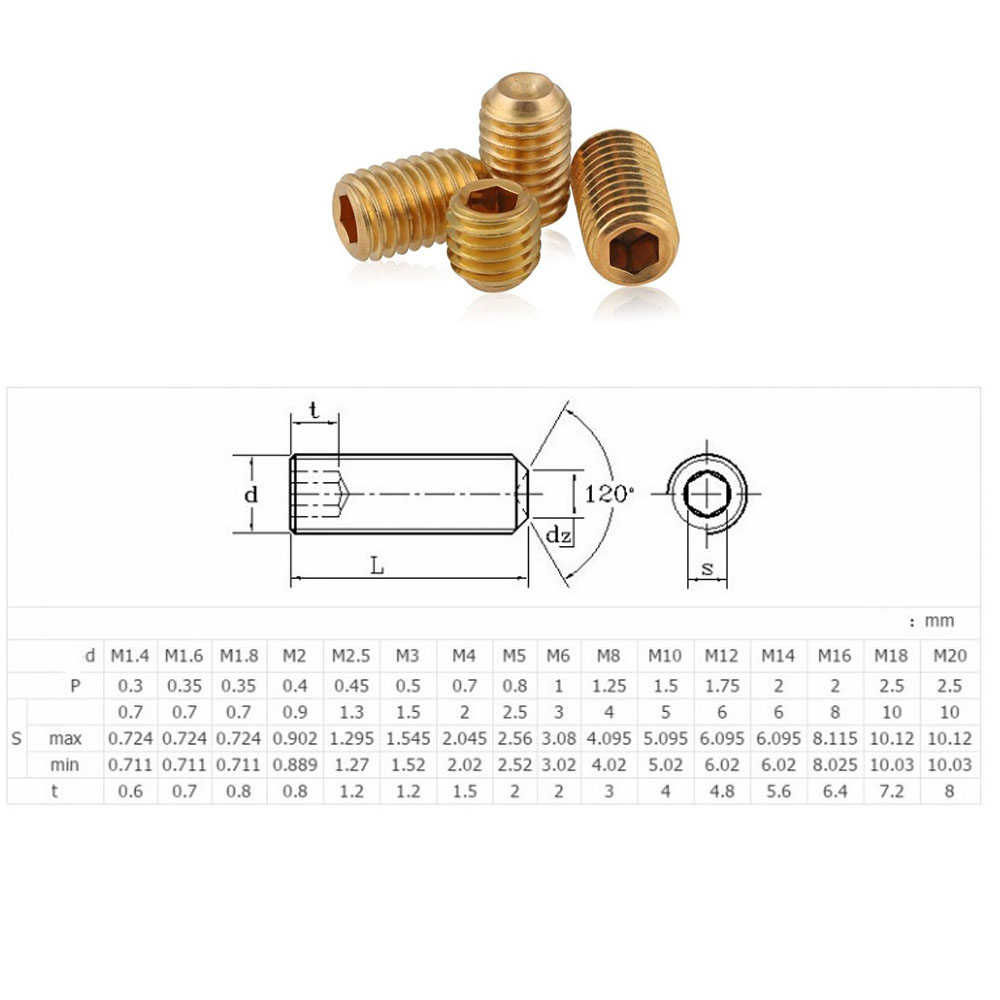 M3 M4 M5 M6 Brass Grub Screw Point Cup Hex Socket Set Screws 4mm12mm