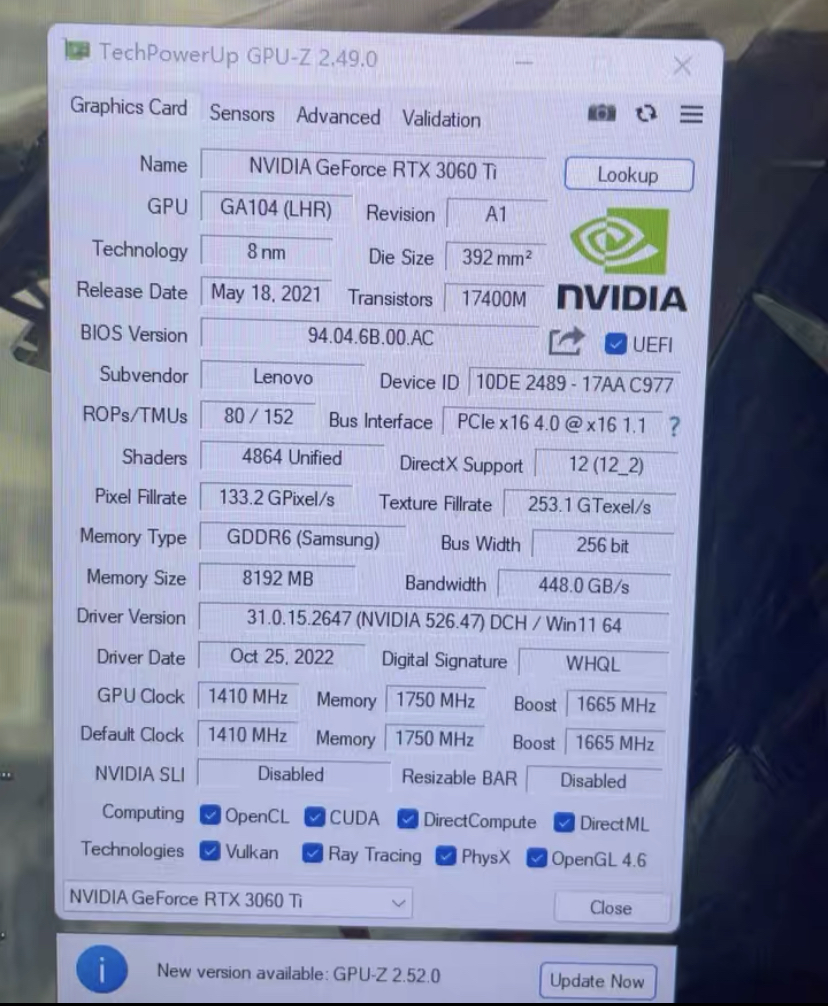 Lenovo nvida geforce rtx 3060ti 8G GA104 GDDR6 sumsung direct x12