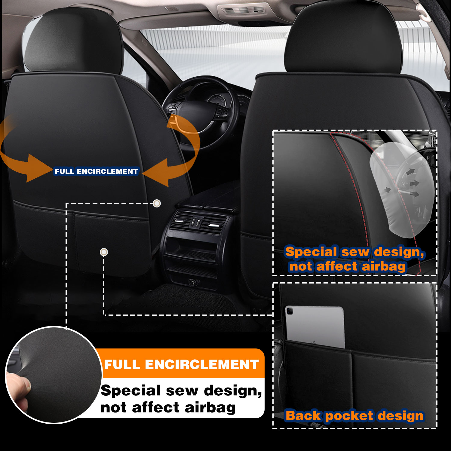 Full Set PU Leather Seat Covers For 2007-2024 Jeep Wrangler JK JL, 5 Seats, Black, Anti-Slip & Breathable