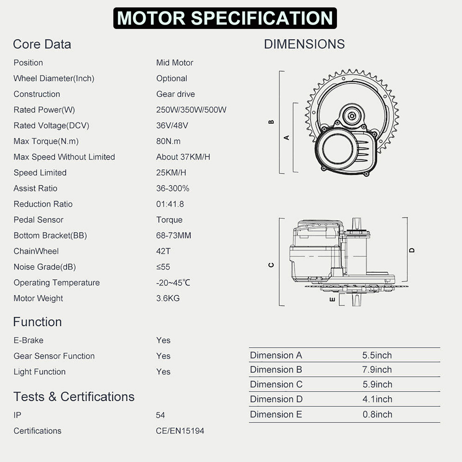 Tongsheng TSDZ2B 48V500W DIY Ebike Mid Drive Motor Torque Sensor
