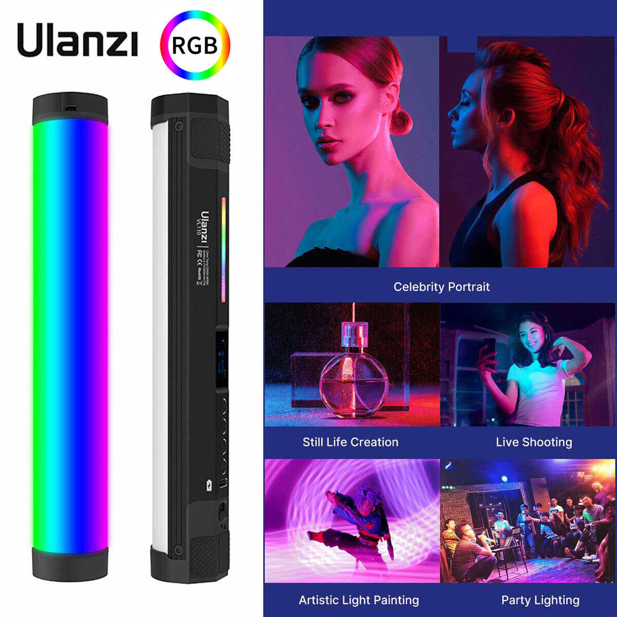 Ulanzi VL110 RGB LED Video Light Magnetic Handheld Tube Light for
