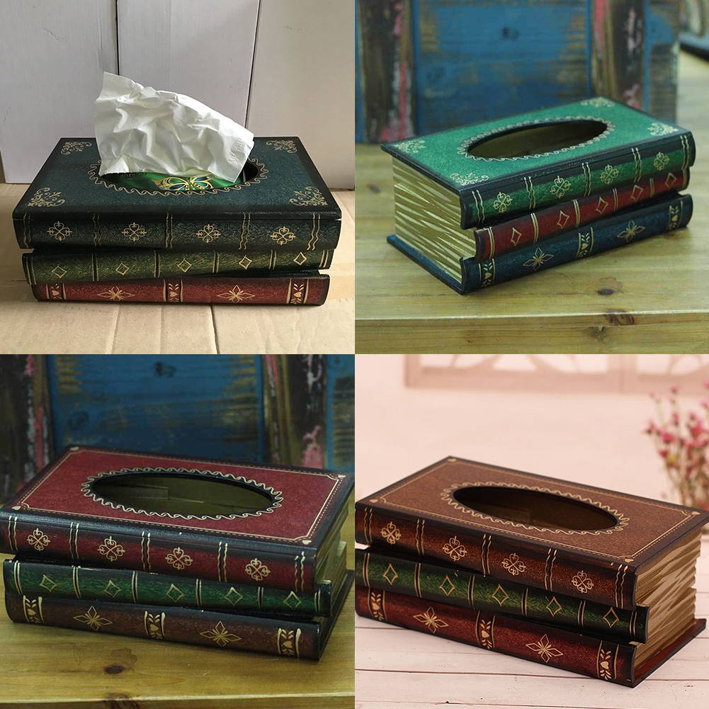 Retro Vintage Wooden Tissue Box Rectangular Book Paper Cover Case Napkin Holder