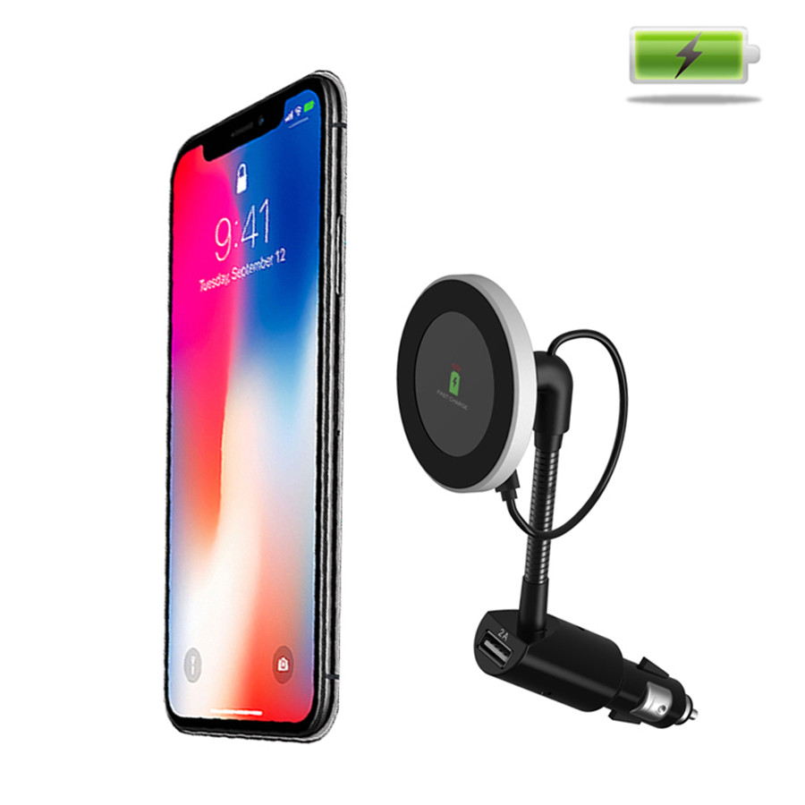 360°Rotation Embedded Magnetic Ring Car Qi Wireless Charger Holder With USB Port