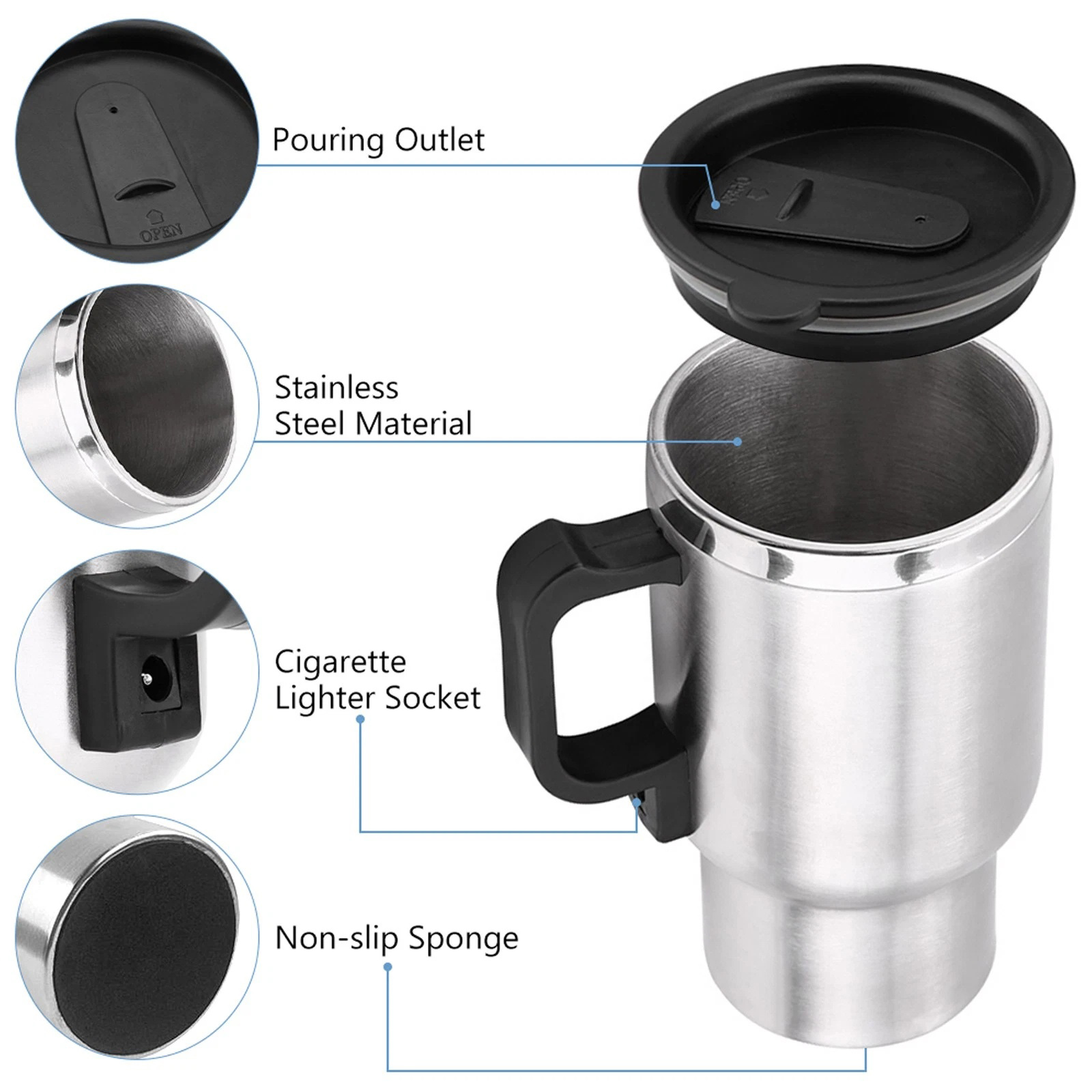 12V Car Coffee Cup 450ml Heated Travel Mug Stainless Steel for 12 Volt  Vehicles | eBay