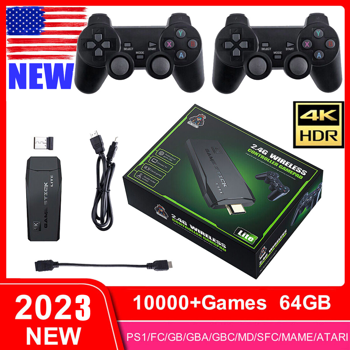 4K HDMI TV Game Stick 64G 15000+ Game Video Game Consoles + 2× Wireless ...