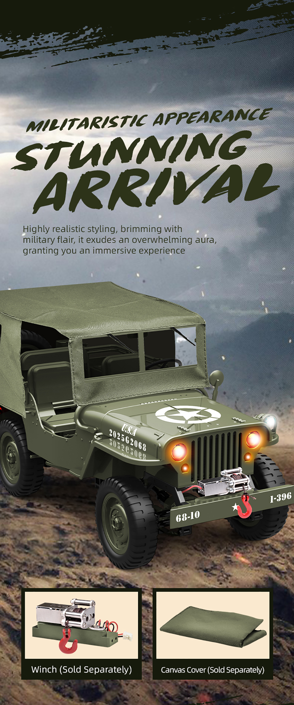 JJRC C8815 RC 2.4G 4WD Truck Winch Canvas Soldier Remote Military