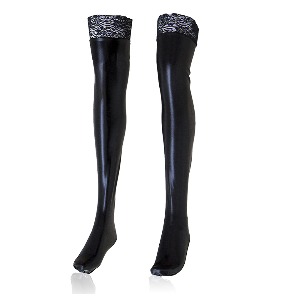 Sexy Women Lady PU Leather Wet Look Thigh High Stockings With Lace Stay ...