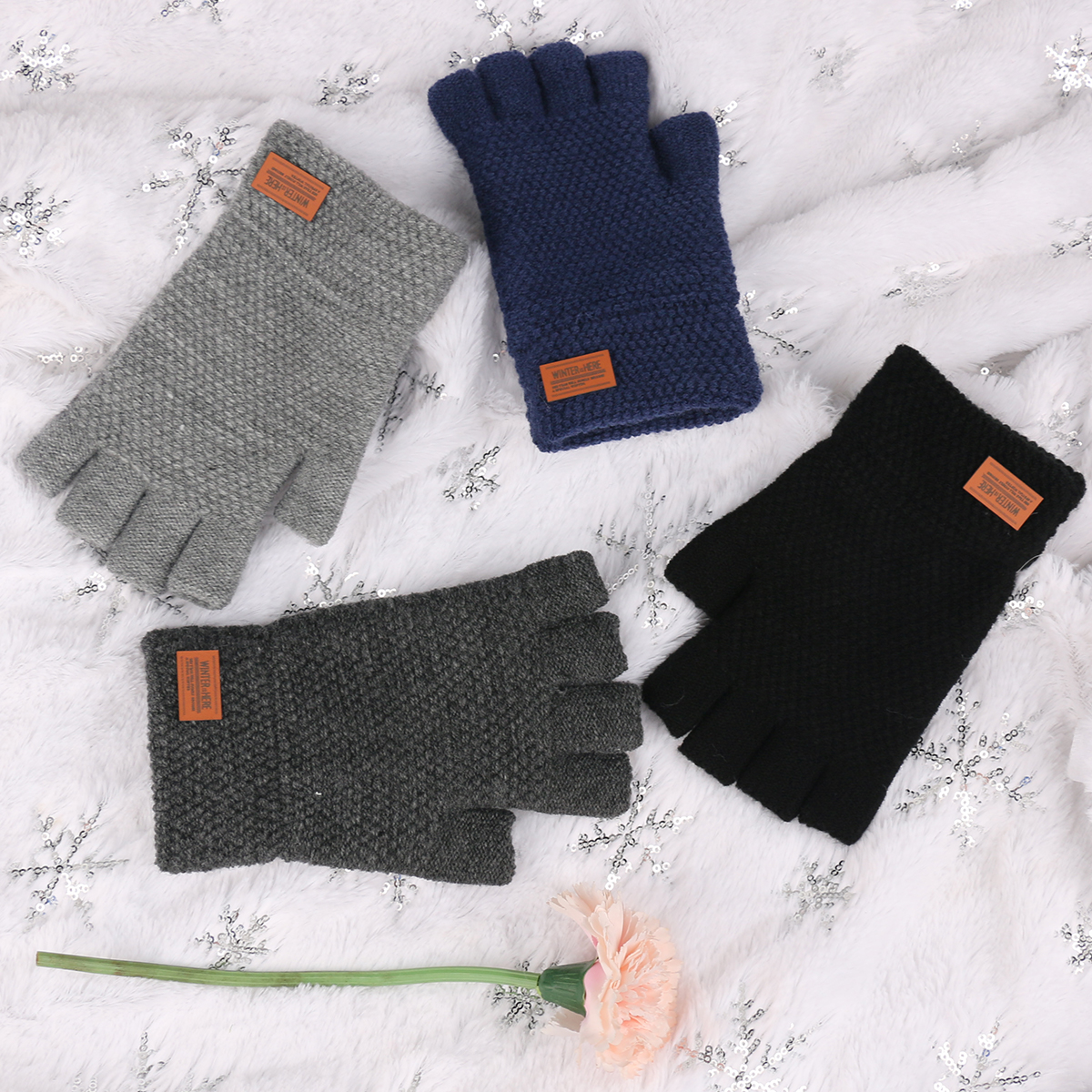 Mens Womens Winter Fingerless Gloves Knitted Warm Thermal Half Finger